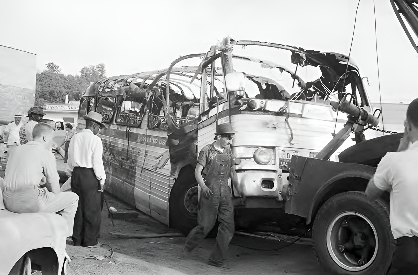 Remains of the bus bombed during an attack on the Freedom Riders in Anniston, Alabama. (via Alabama Department of Archives and History / Donated by Alabama Media Group / Photo by Hornsby, Birmingham News)
