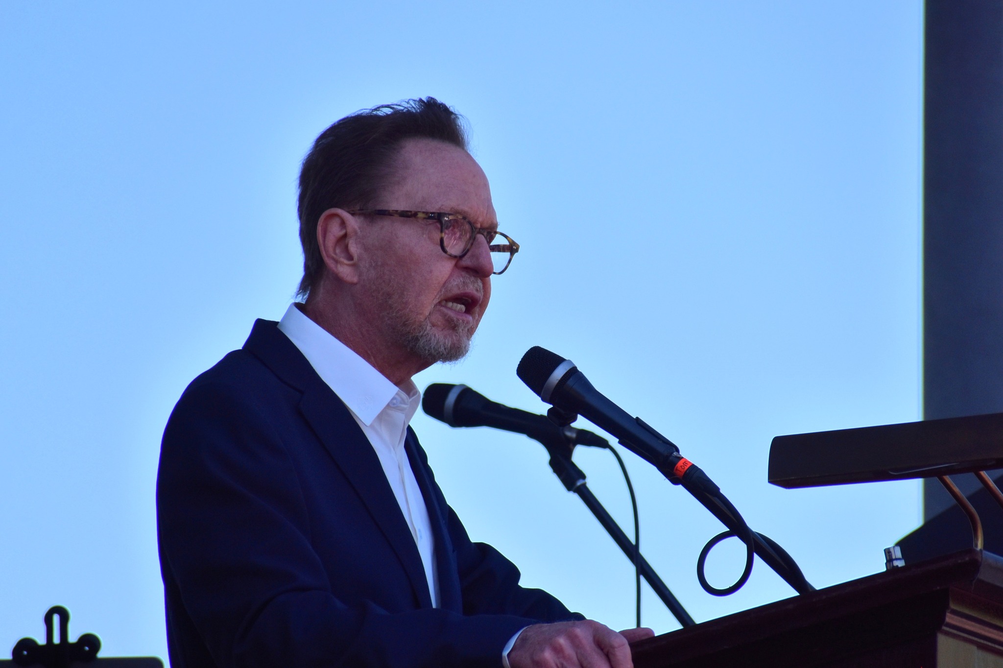 Alabama Political Reporter editor Bill Britt speaks at No Kings 3 in Birmingham, Alabama, on March 28, 2026.