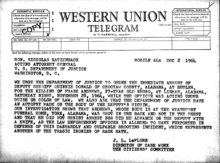 Telegram from John LeFlore to the U.S. Department of Justice. (Photo courtesy Non-Partisan Voters League Records, The Doy Leale McCall Rare Book and Manuscript Library, University of South Alabama.)