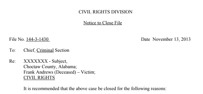 2013 DOJ notice closing case.